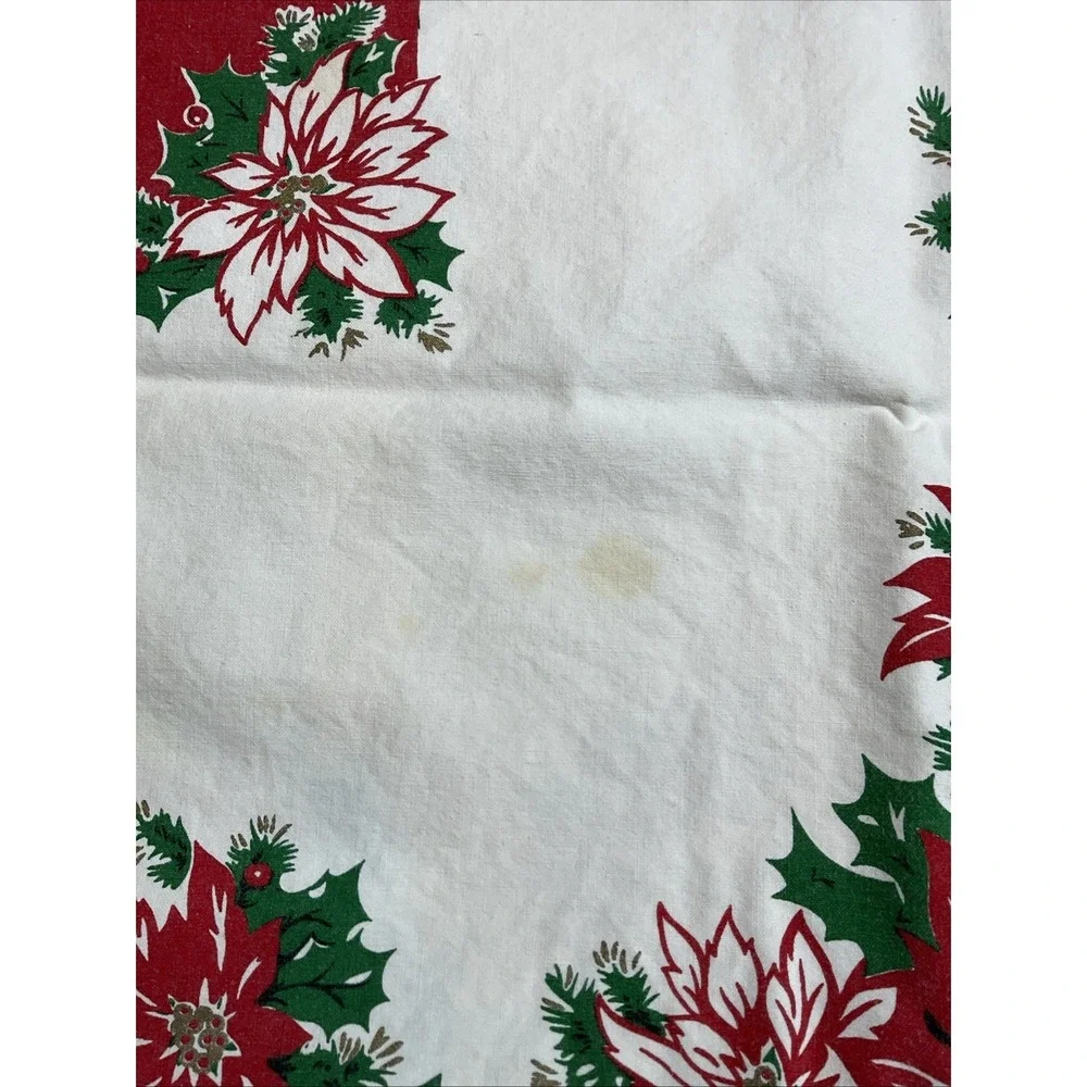 Vintage 100% Cotton Christmas Tablecloth Poinsettia Holly 62 X 48 Retro Holiday